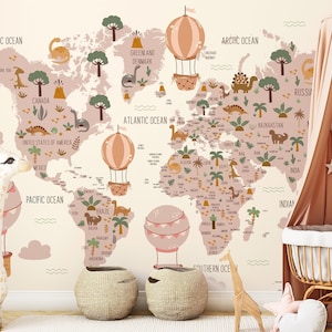 Carta da parati con mappa del mondo per bambini, mappa educativa della scuola materna per bambini, decorazione da parete Boho, carta da parati rimovibile con stacca e incolla, decorazione della sala giochi