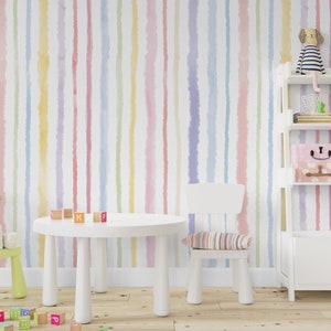 Watercolor Rainbow Stripes,  Removable Wallpaper, Peel and Stick , Kids Room Wall Decor, Girls Nursery Mural, Pastel Striped Wallpaper