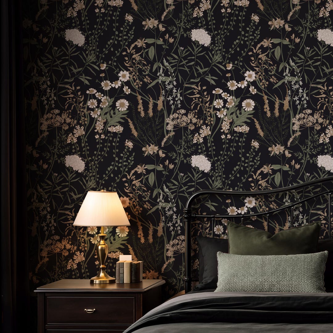 Moody Botanical Floral Wallpaper, Dark Vintage Flowers Wall Mural ...