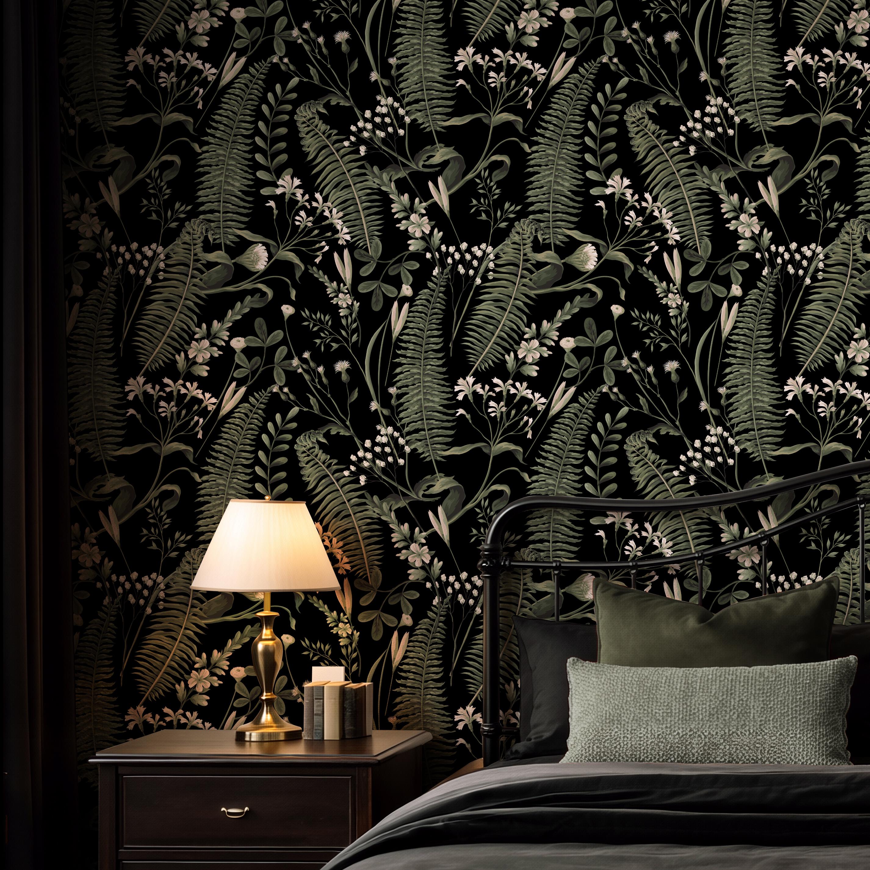 Dark Botanical Wallpaper – Black Floral Fern Design, Luxury Vintage ...