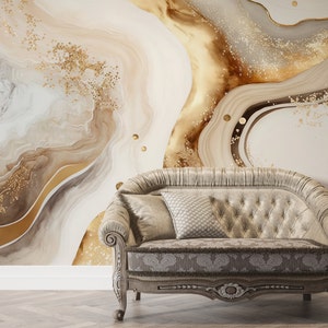 Carta da parati stacca e incolla in marmo beige e oro - Lussuosa struttura dorata, decorazione da parete rimovibile per soggiorno e camera da letto