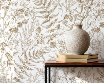 Beige Farn Botanical Wallpaper, Vintage Floral Peel and Stick Wall Mural