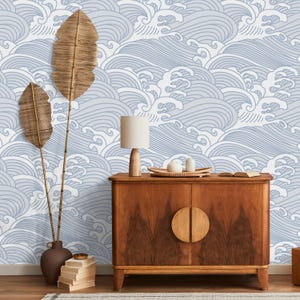 Minimalist Japanese Wave Wallpaper | Blue Ocean Peel and Stick Wallpaper | Versatile Removable Wallpaper | Wave Design Wallpaper