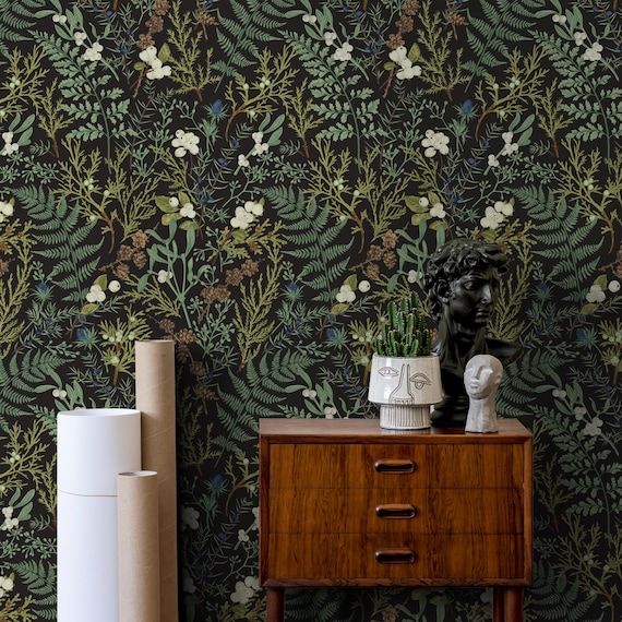 Dark Botanical Herb Wallpaper – Vintage Green Floral Wall Mural