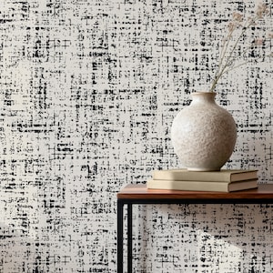 Beige abstrakt textur svart linje tapet – minimalistisk penseldrag skalbar och självhäftande väggmålning