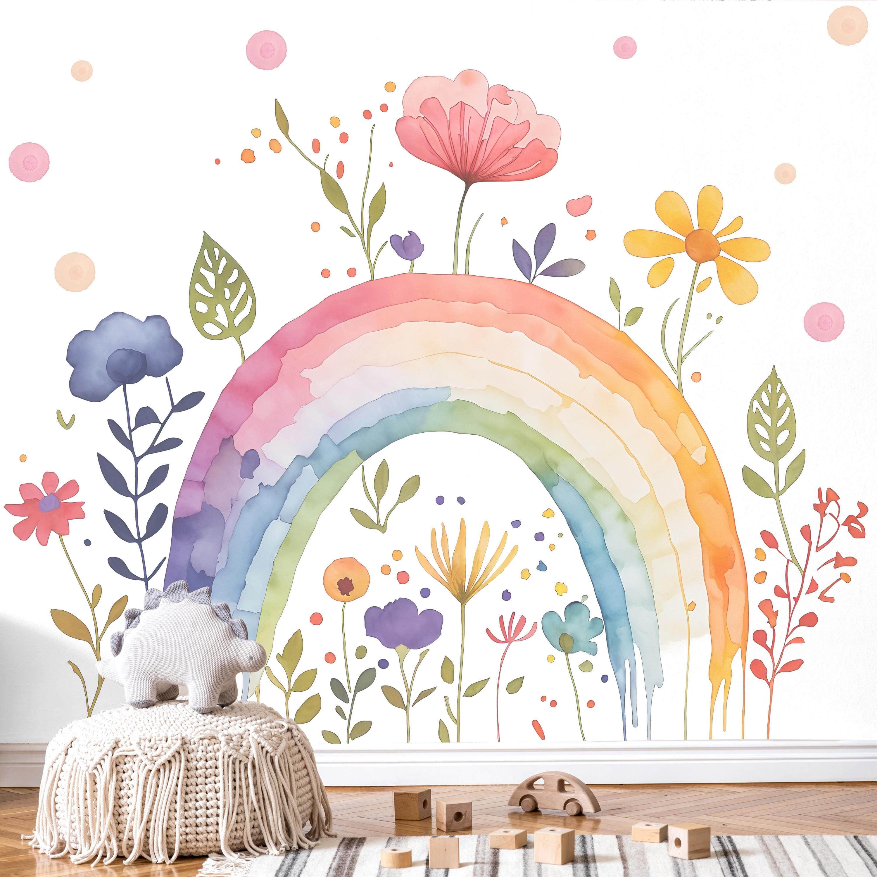 Rainbow Nursery Wallpaper, Watercolor Floral, Peel and Stick Decor - Etsy