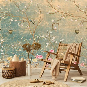 Floral Chinoiserie Wallpaper, Vintage Bird Tree Wall Mural (Peel & Stick)