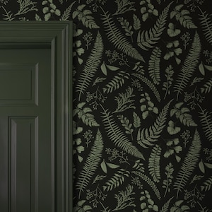 Dark Green Botanical Wallpaper | Fern and Dark Floral Mural | Peel & Stick or Traditional Wall Covering | Vintage Bathroom Wallpaper