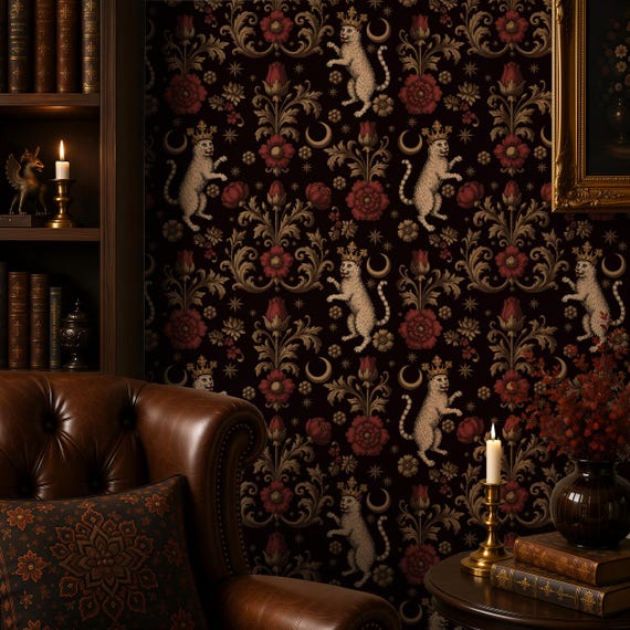 Medieval Cat Botanical Wallpaper – Gothic Fantasy Wall Mural – Dark Academia Decor