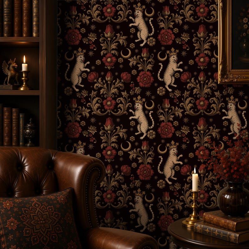 Medieval Cat Botanical Wallpaper – Gothic Fantasy Wall Mural – Dark Academia Decor image 1