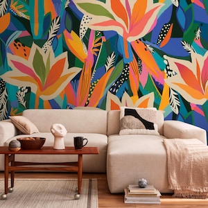 Papier peint floral tropical coloré, décoration murale botanique moderne, décoration murale bohème vibrante