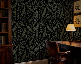 Donkergroen botanisch behang | Bloemenmuurschildering varen | Peel & Stick of traditioneel decor