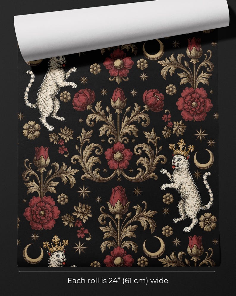 May include: Black wallpaper with a repeating pattern of white cats wearing crowns, red flowers, gold floral accents, crescent moons, and stars. Each roll is 61 cm wide.