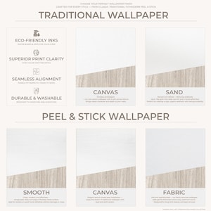 Wallpaper types and textures guide showing traditional canvas and sand finishes, and peel-and-stick smooth, canvas and fabric options