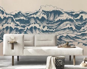 Blue Ocean Waves Wallpaper – Japanese Nautical Peel & Stick Wall Mural