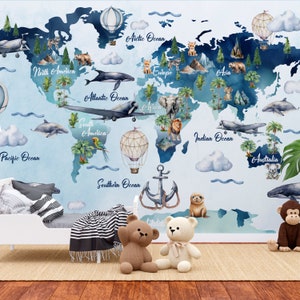 Tierabenteuer rund um den Globus : Wandbild für Kinder, Weltkarte Wandbild, Weltkarte Wandbild, Benutzerdefinierte Tapete