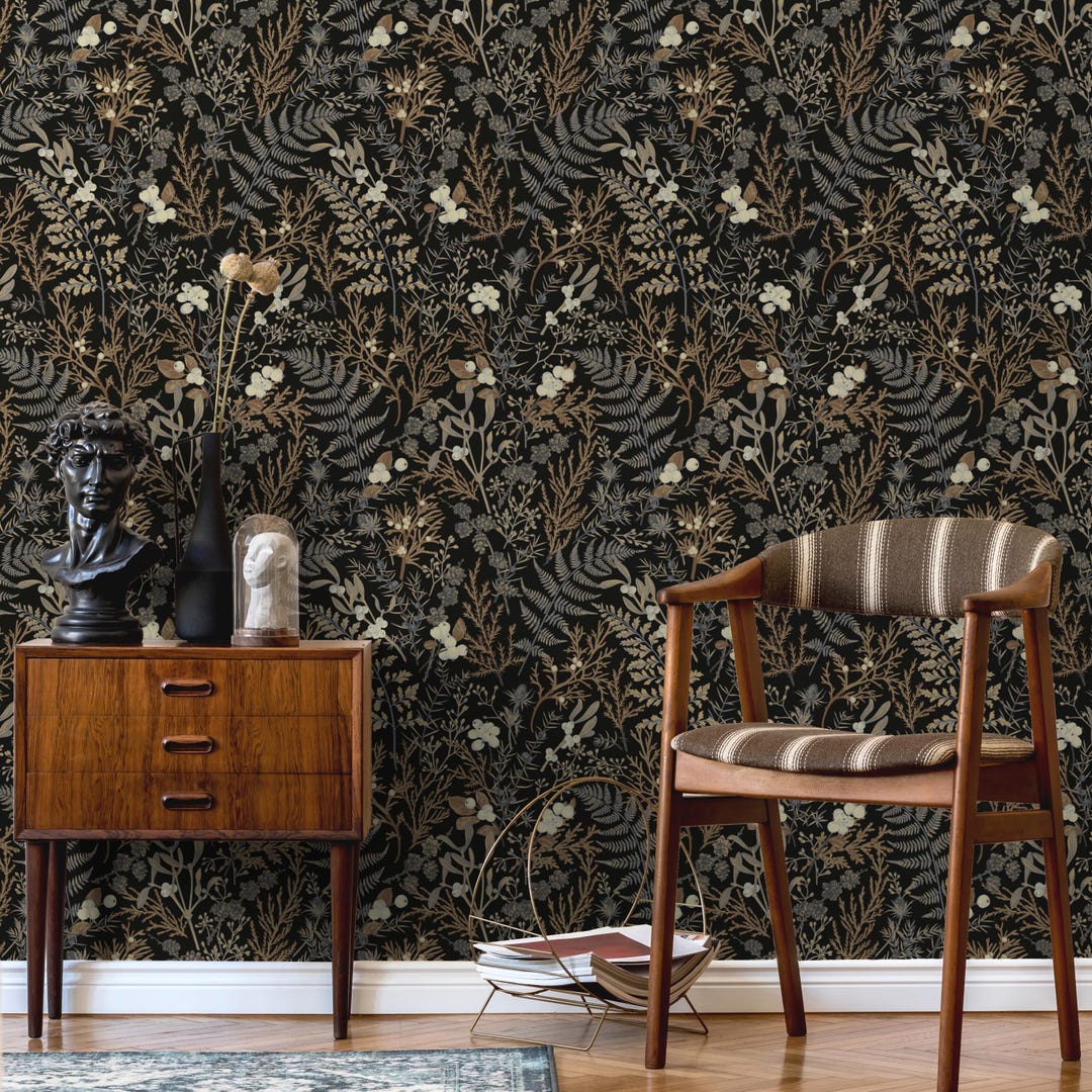 Moody Botanical Peel and Stick Wallpaper, Dark Floral Mural, Gothic ...