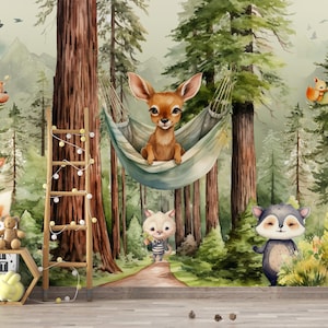 Carta da parati con animali della foresta per bambini, carta da parati rimovibile, carta da parati con animali della foresta per la cameretta dei bambini e la camera dei bambini, carta da parati con texture tradizionale