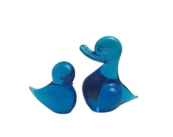 Cobalt Blue Art Glass Duck And Bird Paperweights Vibrant Blue Color