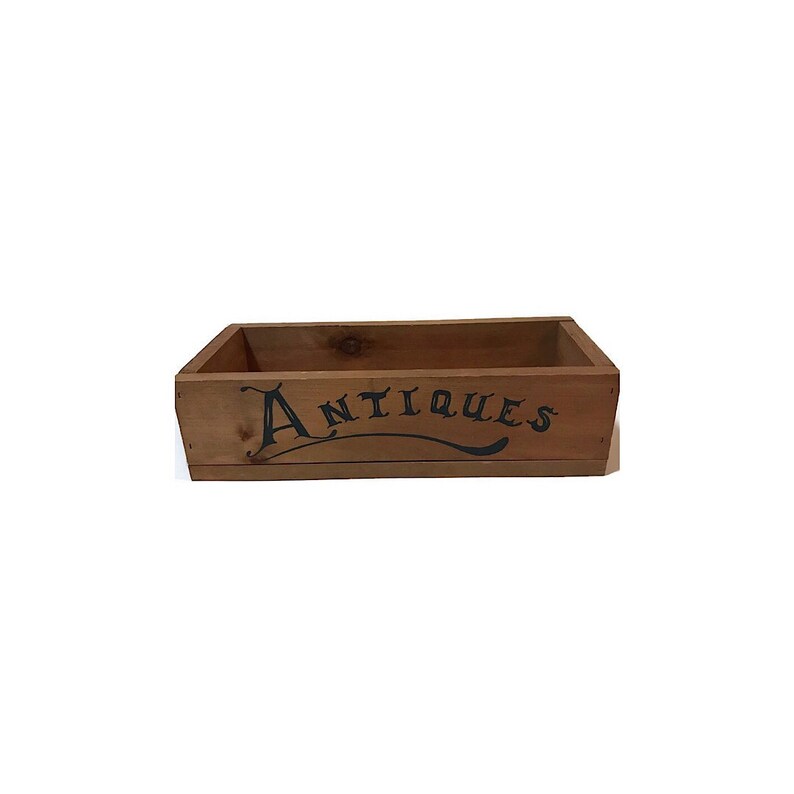 Vintage Wooden Box With Stencil Painted Antiques On Front Etsy