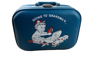 Vintage Going To Grandma’s Kids Suitcase Blue Vinyl Train Toy Travel Case Retro