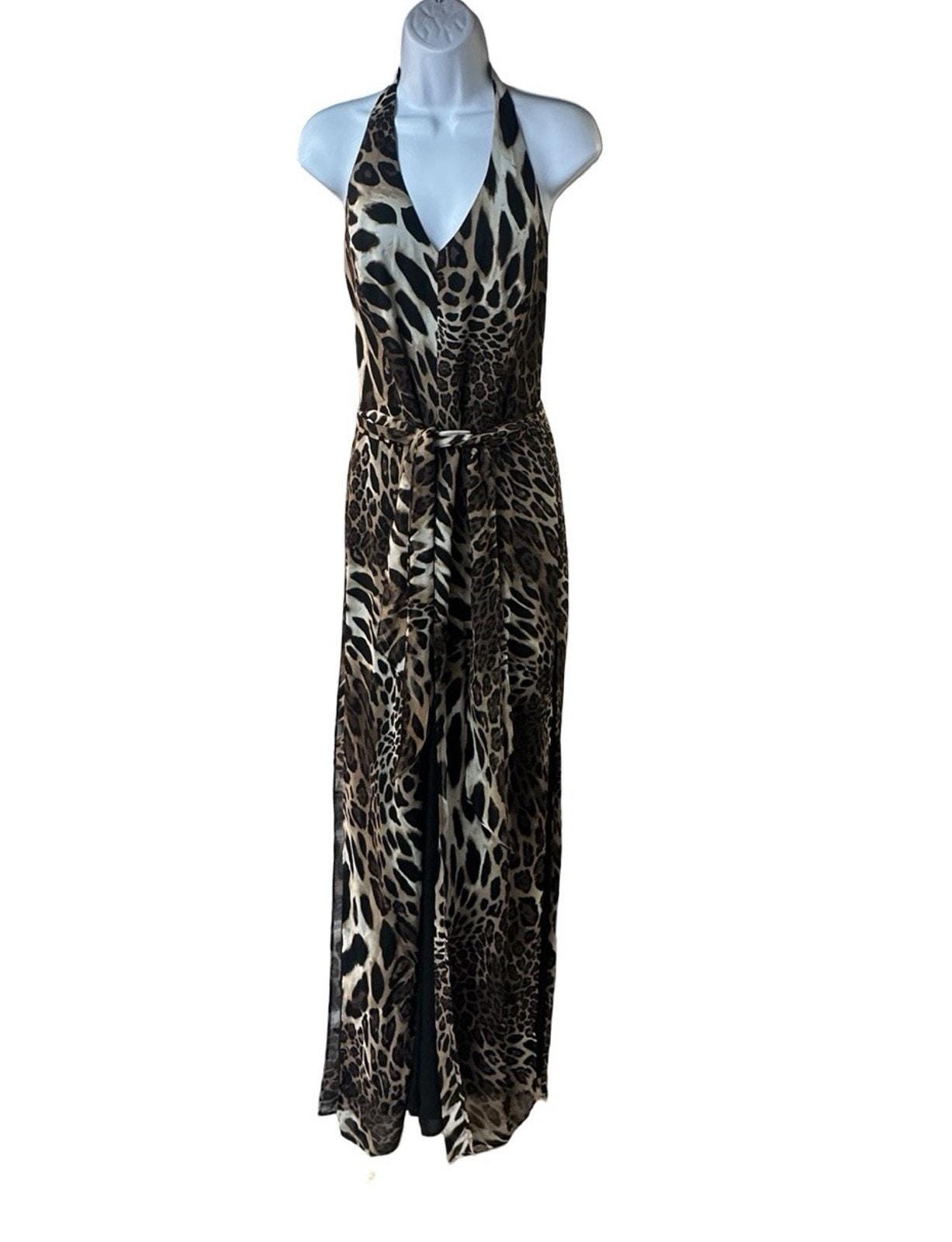 caché full length halter sequin animal print dress Cache Leopard Libra