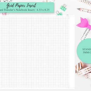 May include: A white grid paper insert for a standard traveler's notebook. The insert is 4.33 inches by 8.25 inches and has a 5mm grid. The insert is surrounded by various stationery items, including washi tape, paper clips, and a pink bow.