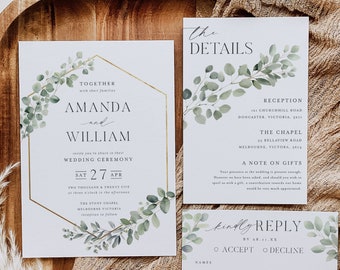 Groen bruiloft uitnodiging Suite sjabloon, afdrukbare Boho Floral uitnodigen, eucalyptus bladeren bewerkbare details, wens goed RSVP-kaart - HLW08