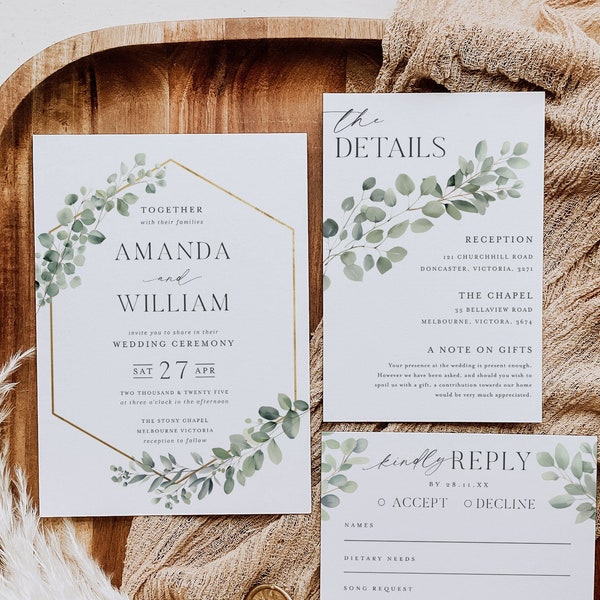 Grüne Hochzeitseinladungs-Vorlage, druckbare Boho-Blumeneinladung, Eukalyptusblätter bearbeitbare Details, Wunsch-gut-RSVP-Karte - HLW08