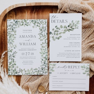Plantilla de suite de invitación de boda de vegetación, invitación floral boho imprimible, detalles editables de hojas de eucalipto, tarjeta de confirmación de asistencia de deseos - HLW08
