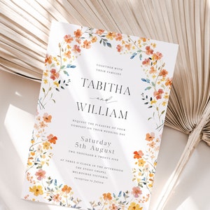 Wildblumen Hochzeitseinladung Vorlage, druckbare Boho Floral Hochzeitseinladung, Blumenkranz bearbeitbare Hochzeitseinladungs-Reihe 5x7 - HLW06
