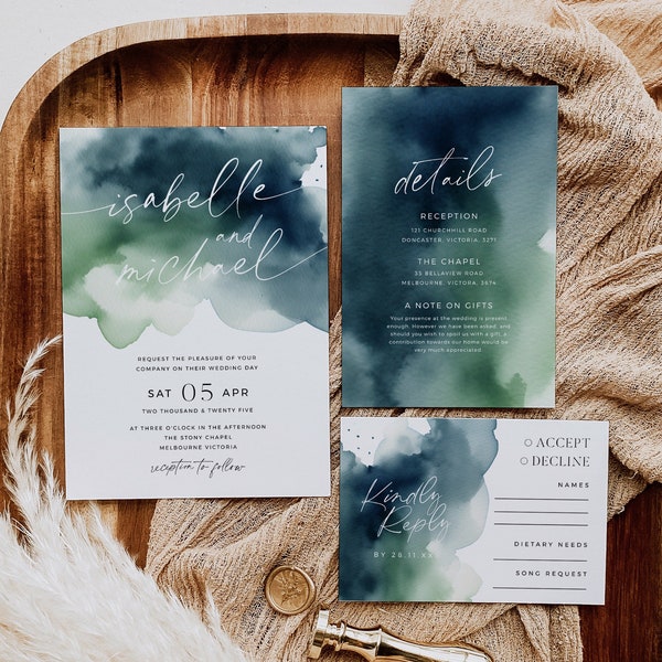 Navy and Sage Wedding Suite Template, Printable Watercolor Boho Wedding Invite, Blue Green Destination Wedding Invitation 5x7 - HLW07