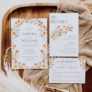 Modèle de suite d’invitation de mariage de fleurs sauvages, invitation florale Boho imprimable, détails modifiables de couronne florale, carte RSVP Wishing Well - HLW06