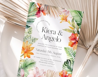 Tropical Wedding Invitation Template, Printable Destination Beach Wedding Invite, Bright & Colorful Editable Wedding Suite 5x7 - HLW03