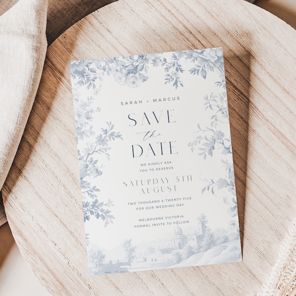 Toile Wedding Save The Date Card, Printable Dusty Blue Botanical Wedding Invite, Vintage Chinoiserie Pattern Editable 5x7 - HLW01