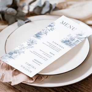 Toile Wedding Menu Template, Printable Eat Wedding Card, Vintage Chinoiserie Pattern Dusty Blue Dinner Menu, Long Table Menu 4x9 - HLW01