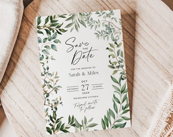 Greenery Wedding Save The Date Card, Printable Boho Destination Wedding Invite, Watercolor Eucalyptus Leaves Editable 5x7 - HLW05