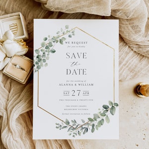 Greenery Wedding Save The Date Card, Printable Boho Destination Wedding Invite, Watercolor Eucalyptus Leaves Editable 5x7 - HLW08