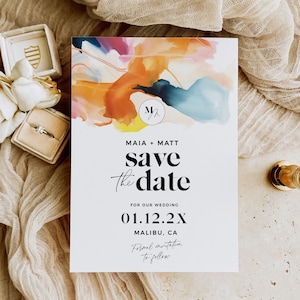 Künstlerische Hochzeit Save The Date Karte, druckbare gemalte Blumenhochzeitseinladung, bunte moderne bearbeitbare Hochzeitseinladungs-Reihe 5x7 - HLW09
