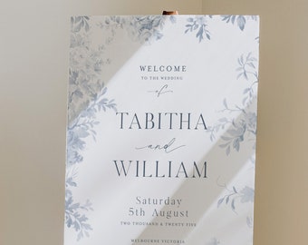 Toile Wedding Welcome Sign, Editable Ceremony or Reception Sign, Dusty Blue Botanical Wedding Signs, Large Vintage Wedding Sign - HLW01