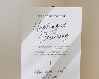 Minimalist Wedding Unplugged Ceremony Sign Template, Pick A Seat Not a Side, No devices sign, DIY Editable Welcome Sign 18x24, 24x36 - BAS01