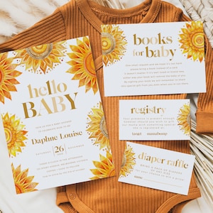Baby Shower Invitation Bundle, Printable Boho Sunshine Invite, Registry, Books for Baby, Diaper Raffle, Little Ray of Sunshine BUB002
