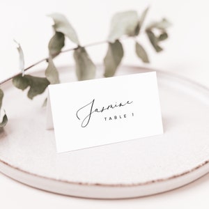 モダンな席札テンプレート + 食事アイコン、フラット + 折りたたみ、印刷可能なミニマリストの結婚式の席札、編集可能なフードカード、エスコートカード - BAS03