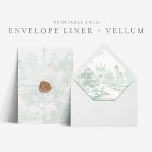 5x7 Envelope Liner Template with Printable Wedding Vellum Overlay, Euro and Square Flap, Print at home DIY, Sage Green Toile - BAS03