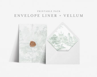 5x7 Envelope Liner Template with Printable Wedding Vellum Overlay, Euro and Square Flap, Print at home DIY, Sage Green Toile - BAS03