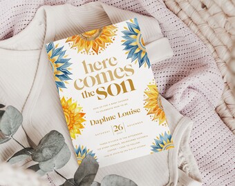 Here Comes the Sun Baby Shower Invitation, Printable Boho Sunshine Sprinkle Invite, For a Boy or Son, Little Ray of Sunshine BUB002
