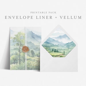 5x7 Envelope Liner Template with Printable Wedding Vellum Overlay, Euro and Square Flap, Print at home DIY, Mountain Greenery - BAS09