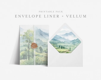 5x7 Envelope Liner Template with Printable Wedding Vellum Overlay, Euro and Square Flap, Print at home DIY, Mountain Greenery - BAS09