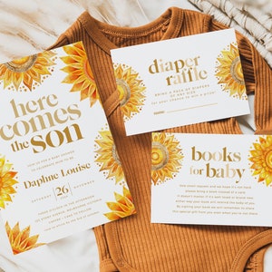 Baby Shower Invitation Bundle, Printable Boho Sunshine Invite, Registry, Books for Baby, Diaper Raffle, Little Ray of Sunshine BUB002