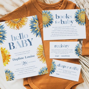 Baby Shower Invitation Bundle, Printable Boho Sunshine Invite, Registry, Books for Baby, Diaper Raffle, Little Ray of Sunshine BUB002